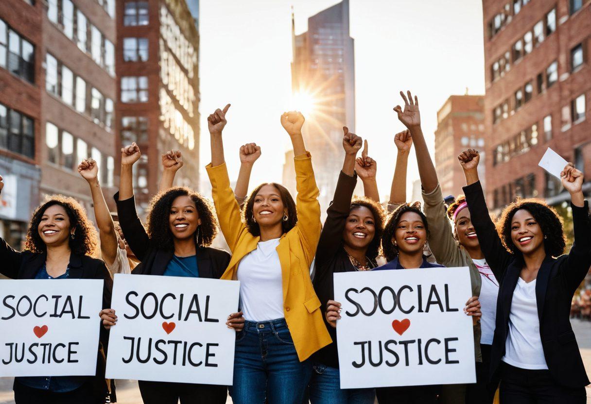 A powerful, diverse group of women standing together in a vibrant urban setting, holding signs advocating for social equity and reproductive justice. Their expressions reflect determination and unity, surrounded by abstract symbols of empowerment like raised fists and heart shapes. The background features a bright sun rising over a cityscape, symbolizing hope and change. The scene should be dynamic and inspire a sense of solidarity. super-realistic. vibrant colors. 3D.
