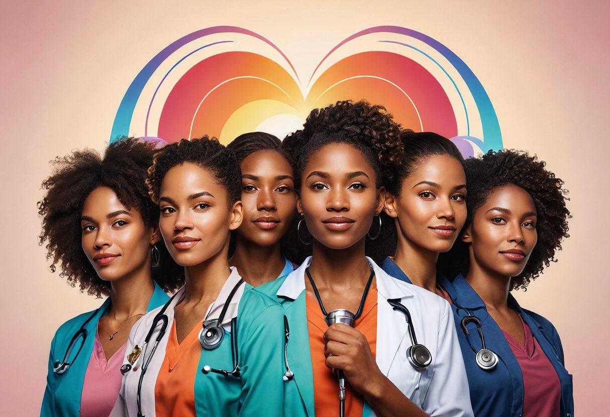 A powerful visual of a diverse group of women standing together, radiating strength and unity, with symbols of health and liberty integrated into their surroundings, such as a stethoscope, a heart symbol, and a liberty torch. Soft, glowing light illuminates their faces, signifying hope and empowerment. A gentle gradient background symbolizes compassion and warmth. vibrant colors. super-realistic.